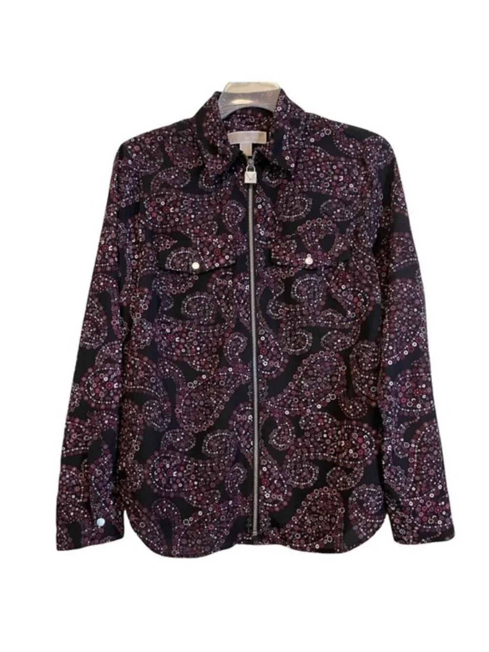 Michael Kors Black Purple Floral Blouse Paisley Long Sleeve Lock Zipper SMALL